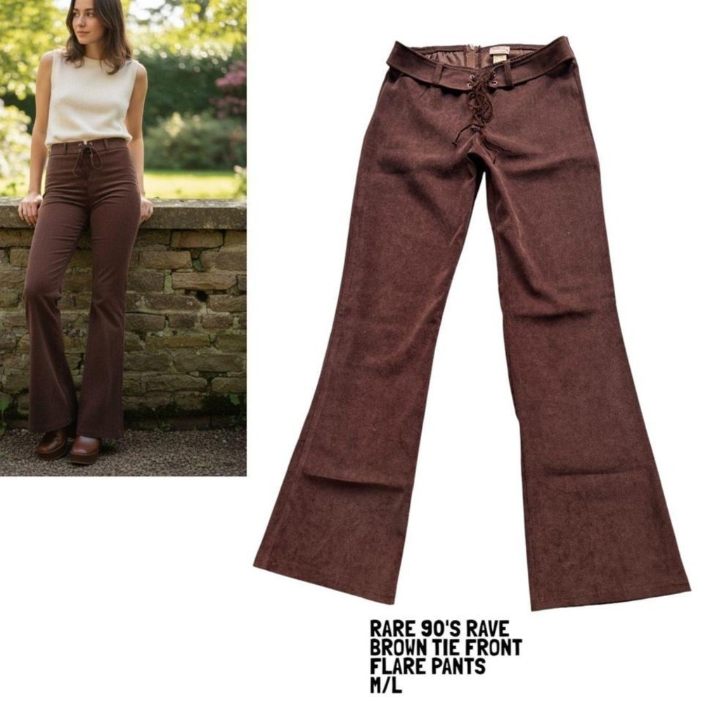 90's vintage rare RAVE BROWN TIE UP FLARE PANTS M/L